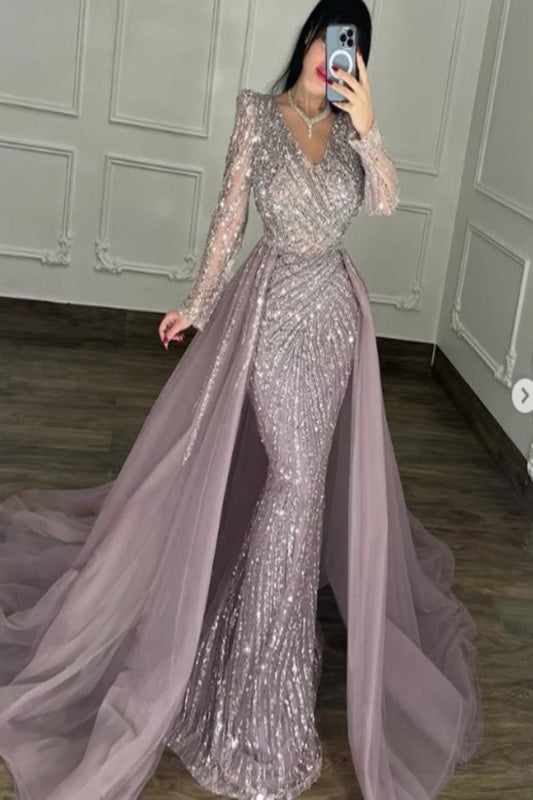 Shining Long Sleeves V-Neck Mermaid Beaded Prom Dress