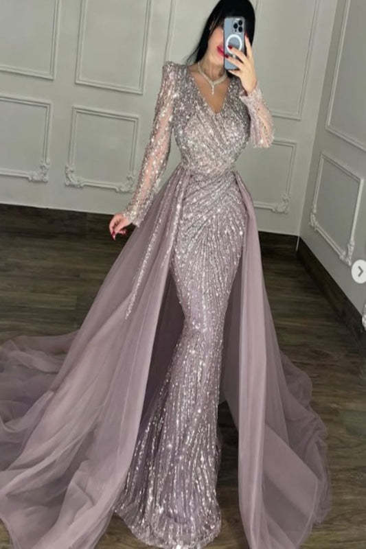 Shining Long Sleeves V-Neck Mermaid Beaded Prom Dress