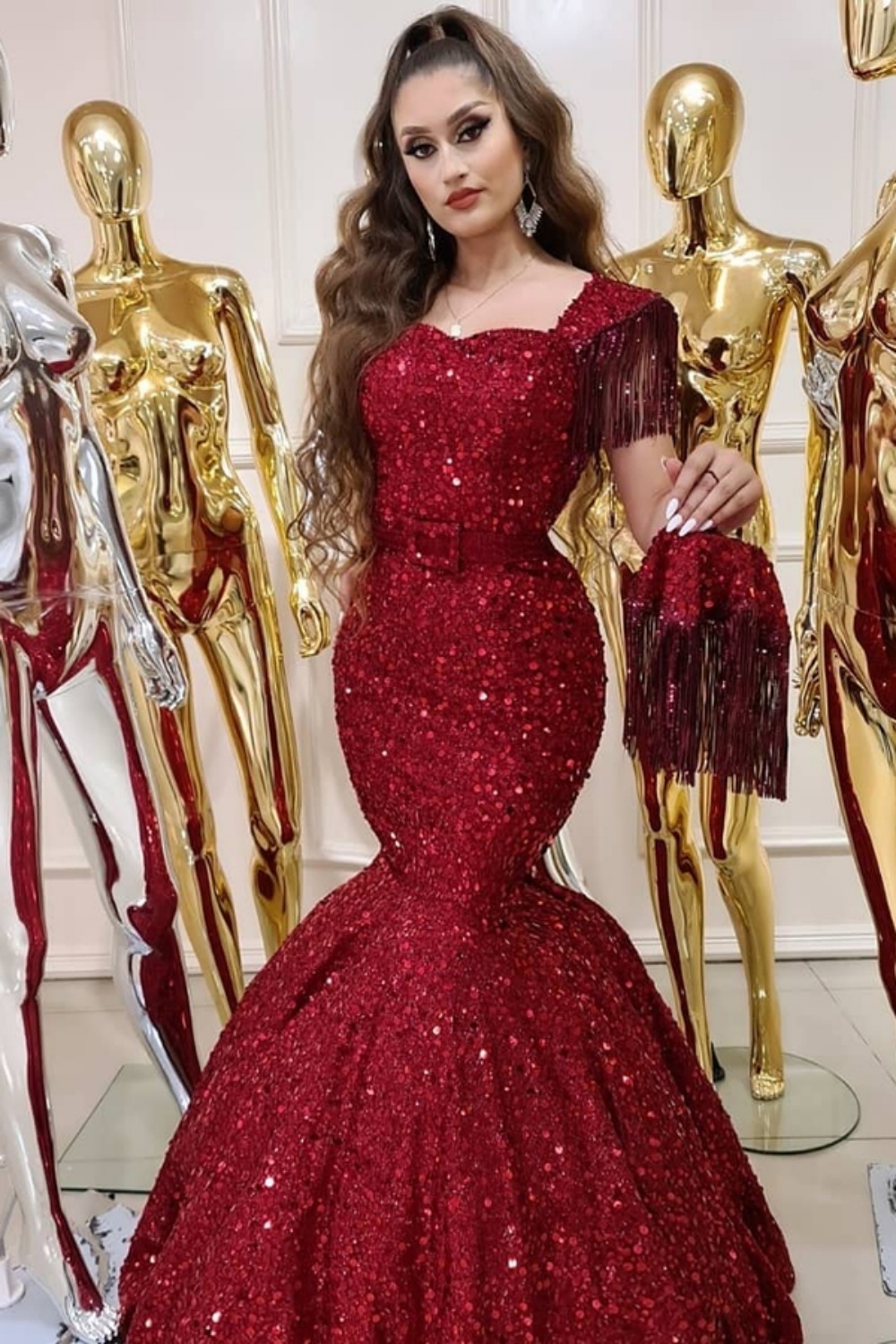 Shiny Sequins Tassel Sleeve Mermaid Prom Dress