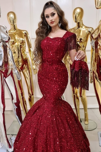 Shiny Sequins Tassel Sleeve Mermaid Prom Dress
