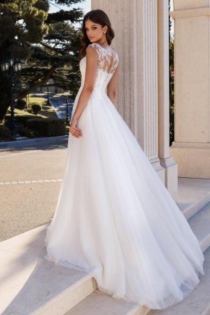 Simple Lace Aline Wedding Dress with Front Slit Sleeveless Bateau Neck Tulle Bridal Dress - Wedding Dresses