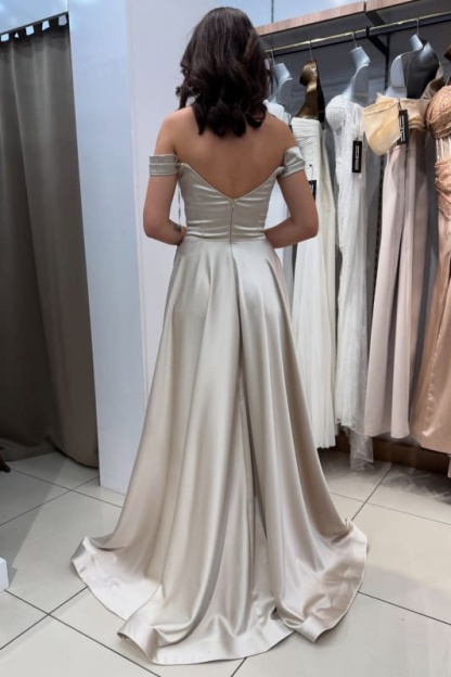 Simple Off-the-Shoulder Ruffle Satin Long Evening Dress with Side Split