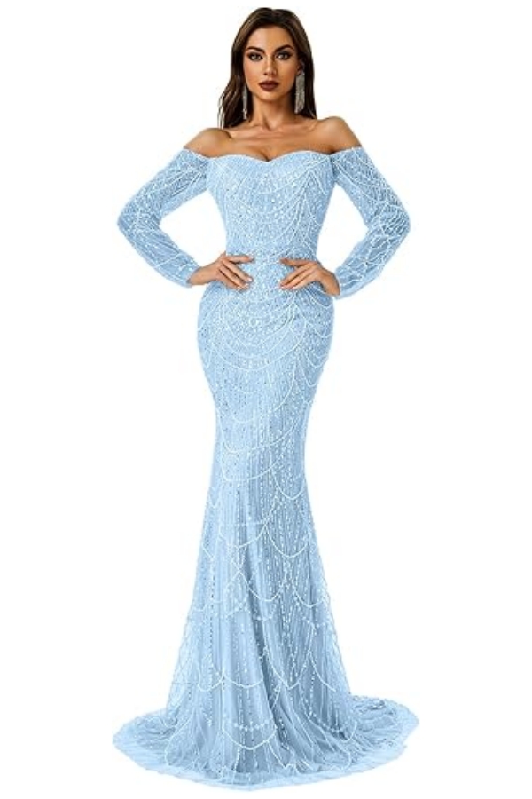 Charming Off Shoulder Long Sleeves Mermaid Prom Dress with Beadings