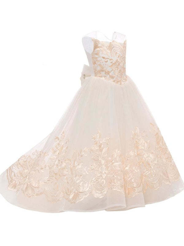 Sleeveless Flower Girl Dresses Jewel with Bows Tulle Floral Lace Kids Pageant Dresses