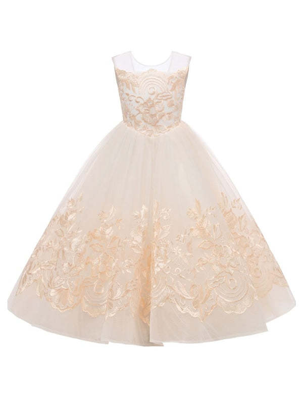 Sleeveless Flower Girl Dresses Jewel with Bows Tulle Floral Lace Kids Pageant Dresses