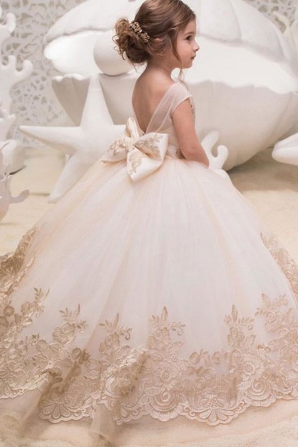 Tulle Floral Lace Sleeveless Flower Girl Dresses with Bows Jewel Neck Kids Pageant Dresses