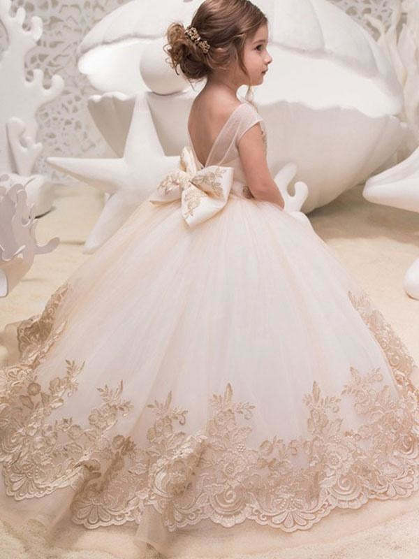 Sleeveless Flower Girl Dresses Jewel with Bows Tulle Floral Lace Kids Pageant Dresses
