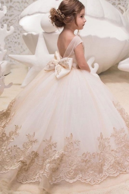 Tulle Floral Lace Sleeveless Flower Girl Dresses with Bows Jewel Neck Kids Pageant Dresses
