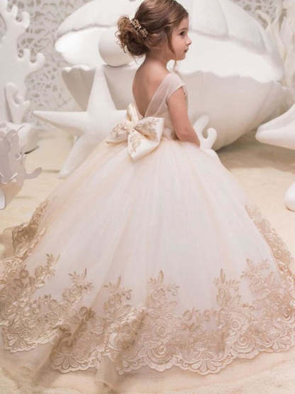 Sleeveless Flower Girl Dresses Jewel with Bows Tulle Floral Lace Kids Pageant Dresses