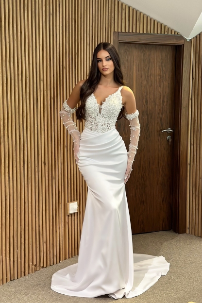 Glitter Ruched Satin Long Mermaid Wedding Dress with Pearls