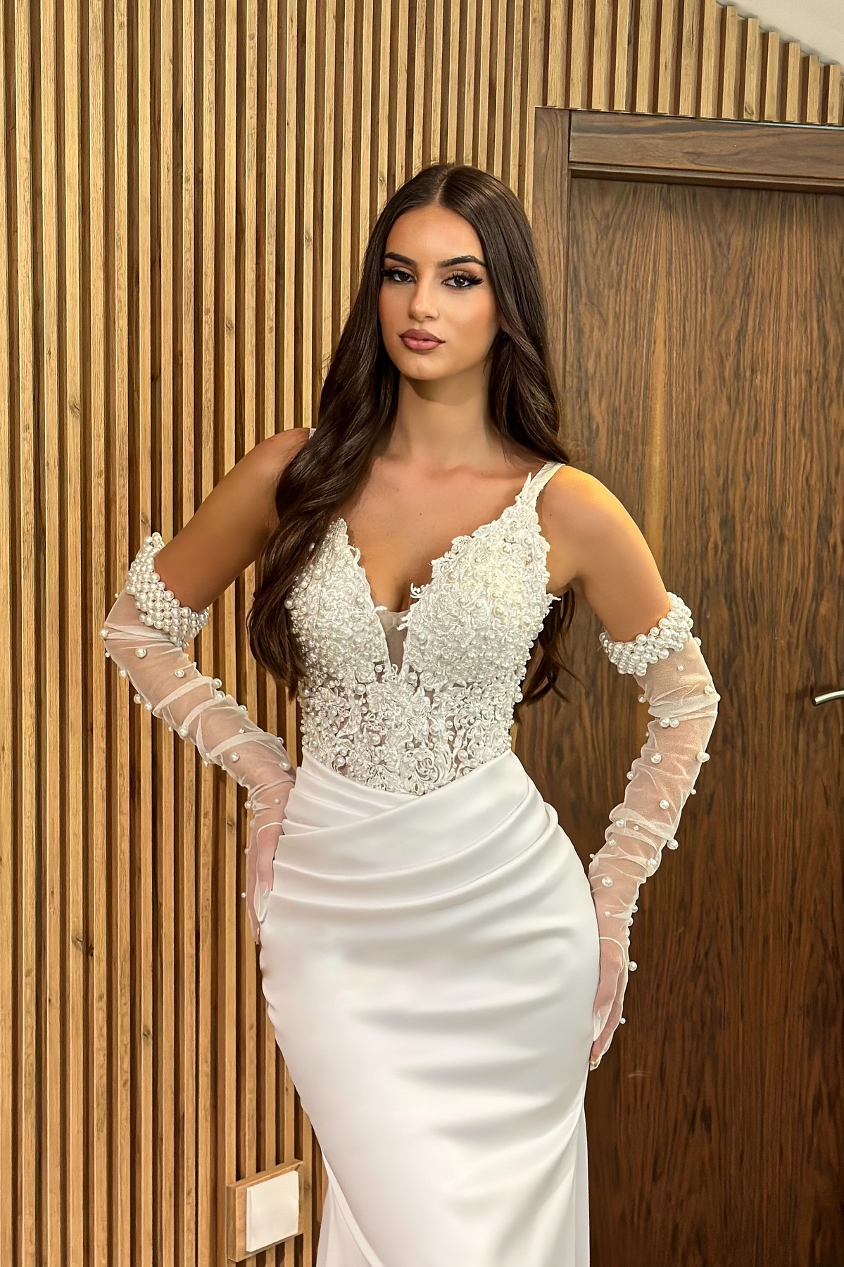 Glitter Ruched Satin Long Mermaid Wedding Dress with Pearls