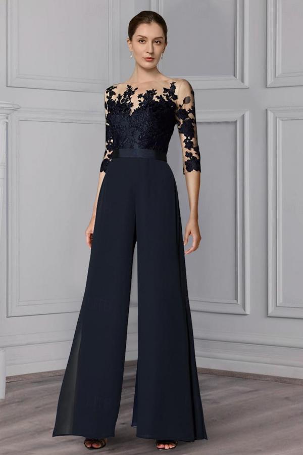 Navy Blue Half Sleeves Chiffon Mother of the Bride Jumpsuits with Lace Appliques
