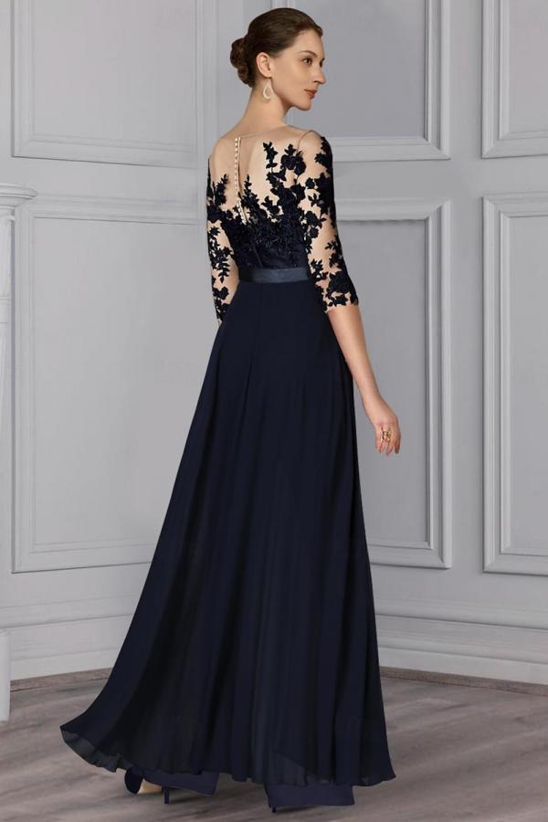 Navy Blue Half Sleeves Chiffon Mother of the Bride Jumpsuits with Lace Appliques