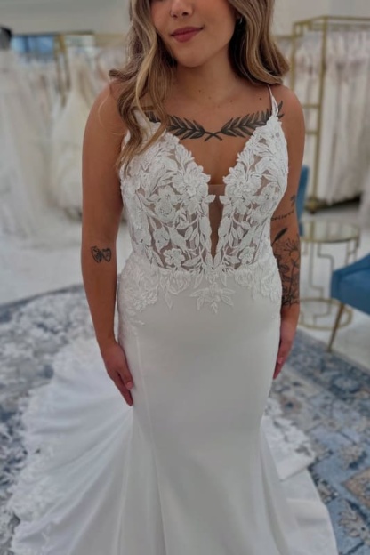 Spaghetti Straps Appliques Lace Mermaid Wedding Dresses Chapel Train