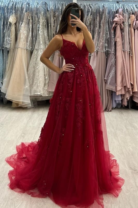 Spaghetti Straps Red Tulle Aline Evening Dress Sleeveless Lace Floor Length Dress