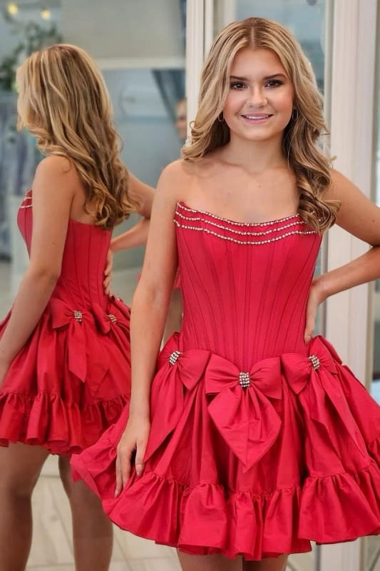 Black Corset Strapless A Line Short Homecoming Dress With Bows