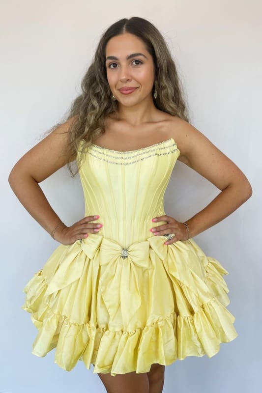 Black Corset Strapless A Line Short Homecoming Dress With Bows