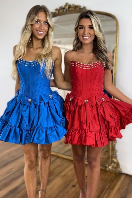 Black Corset Strapless A Line Short Homecoming Dress With Bows