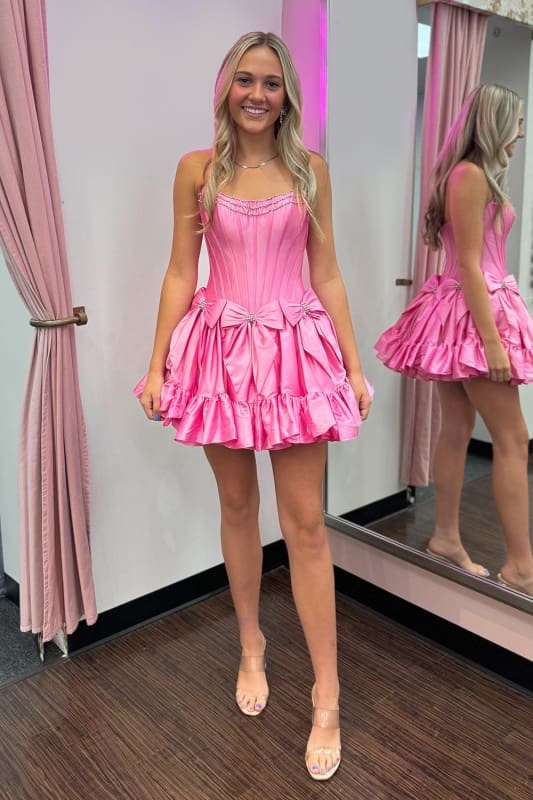 Black Corset Strapless A Line Short Homecoming Dress With Bows