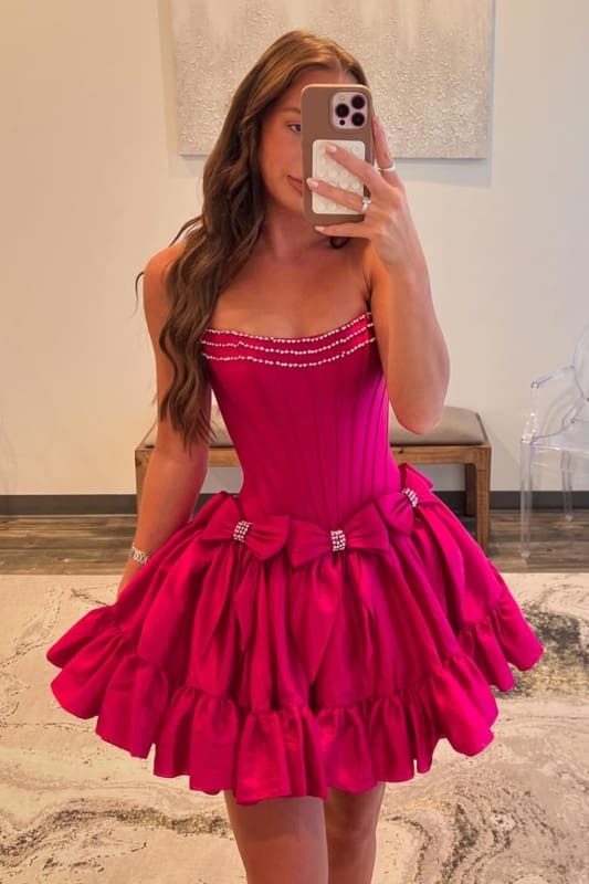 Black Corset Strapless A Line Short Homecoming Dress With Bows