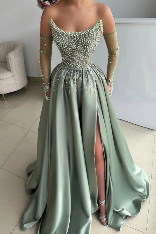 Strapless Dusty Sage Satin Evening Dress with Pearls High Split Prom Dress