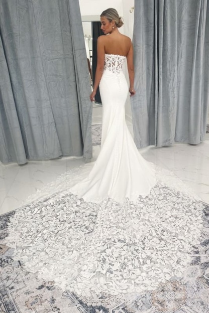 Strapless Mermaid Lace Appliques Sweetheart Wedding Dress Long Bridal Dress with Train - Wedding Dresses
