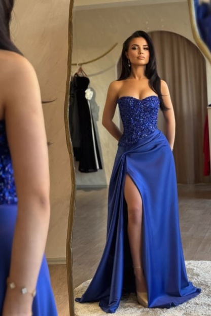 Strapless Royal Blue Sequins Sheath Long Prom Dress Ruffle Satin Side Split Dress