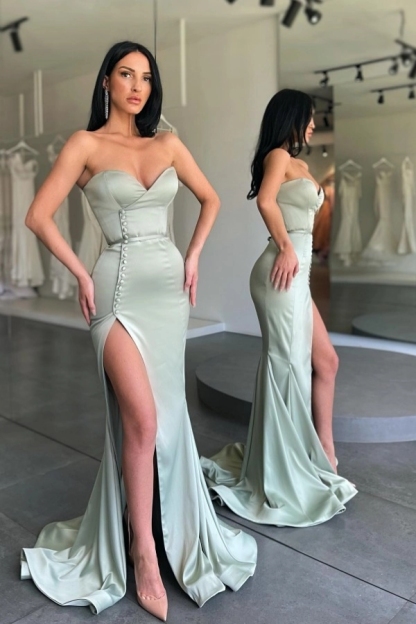 Strapless Satin Sheath Prom Dress Sweetheart Side Split Evening Dress Long