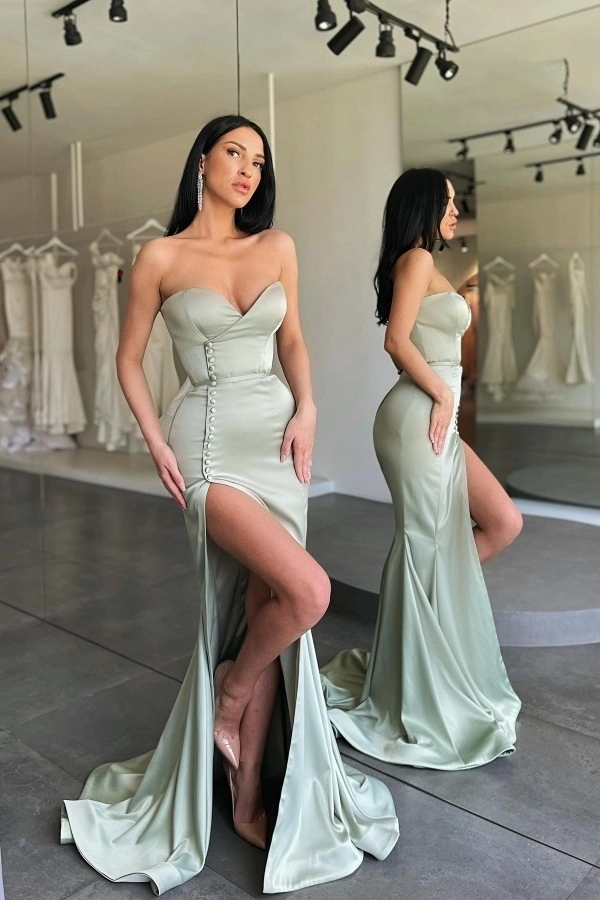 Strapless Satin Sheath Prom Dress Sweetheart Side Split Evening Dress Long