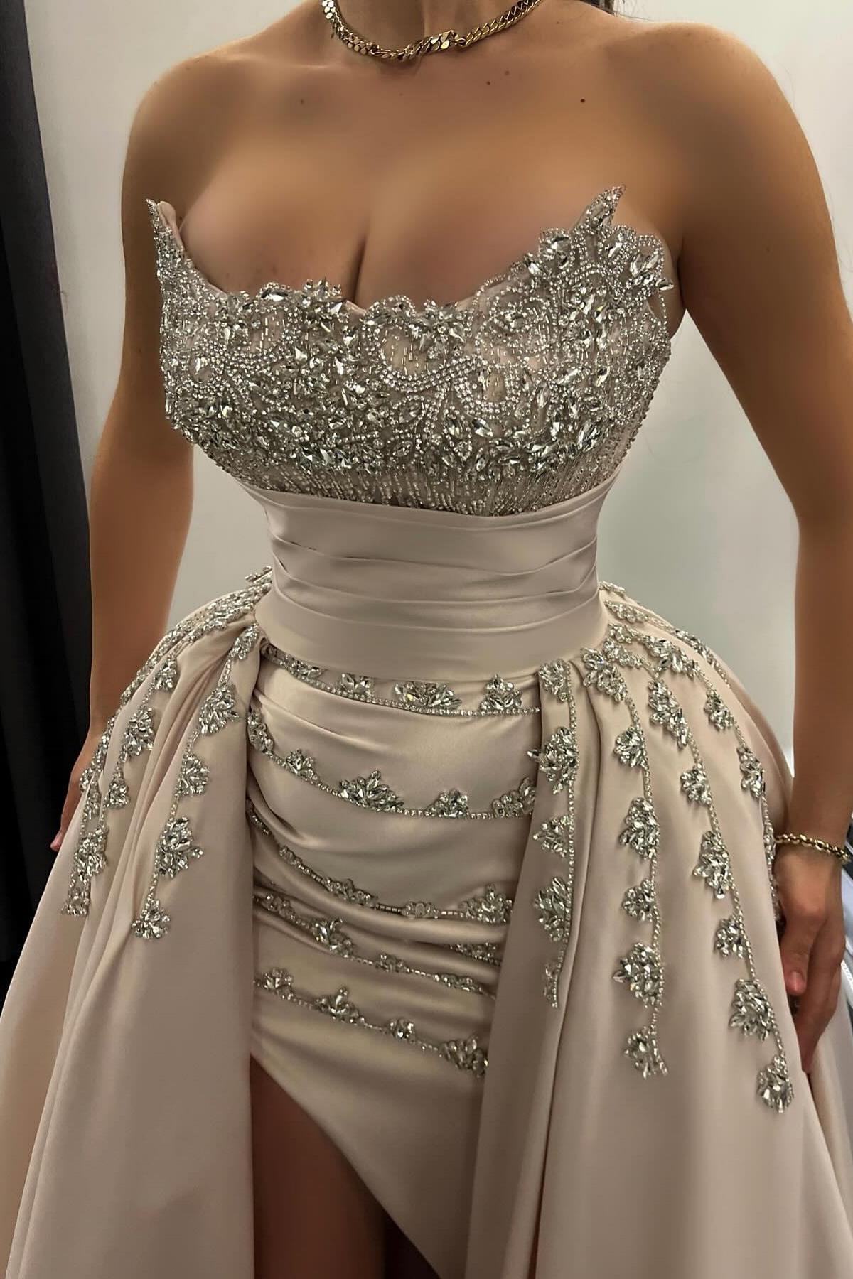 Strapless Ruffle Satin Mermaid Prom Dresses Long Evening Gown with Sweep Train