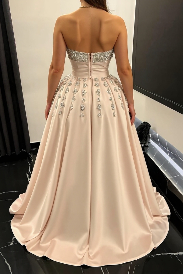 Strapless Ruffle Satin Mermaid Prom Dresses Long Evening Gown with Sweep Train