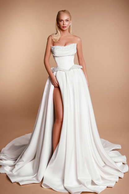 Strapless Ruched Satin Long Aline Wedding Dress with Front Slit