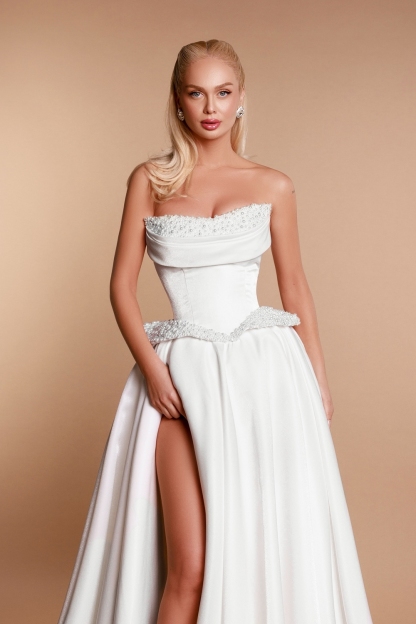 Strapless Ruched Satin Long Aline Wedding Dress with Front Slit