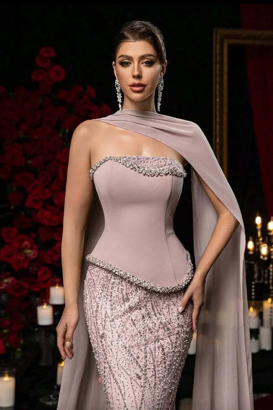 Charming Strapless Beadings Satin Prom Dress Mermaid with Cape