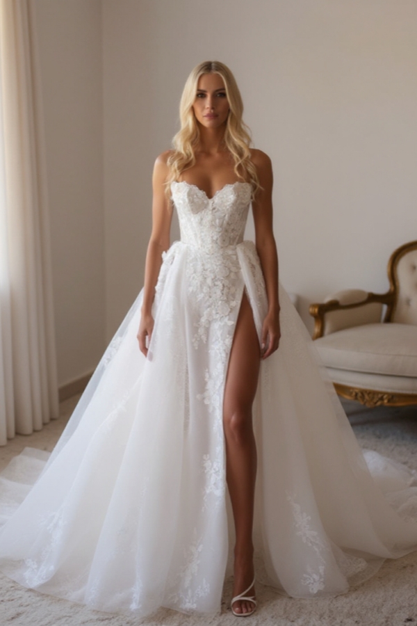 Elegant Sleeveless Aline Side Split Ball Gown Wedding Dresses with Detachable Train