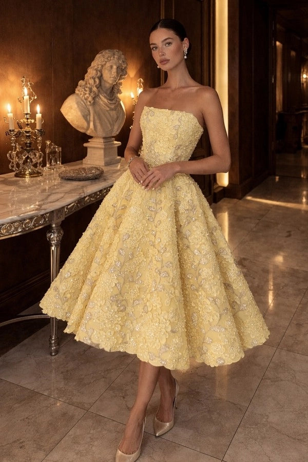 Yellow Floral Tea Length Prom Dress A-Line Strapless | chicloth
