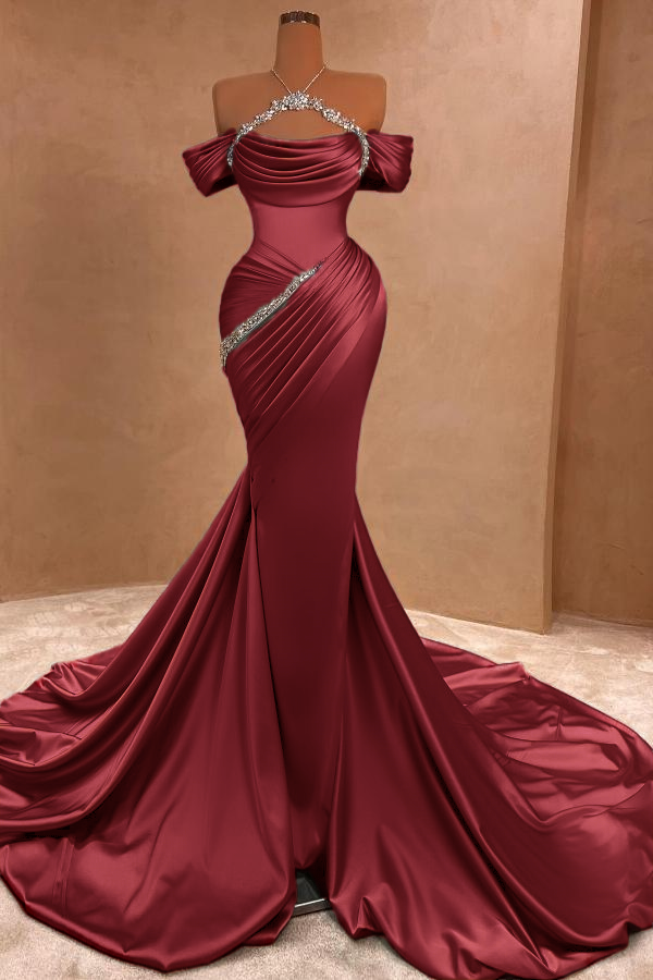 Stunning Ruched Satin Mermaid Evening Dress Off-the-Shoulder Glitter Long Prom Dress