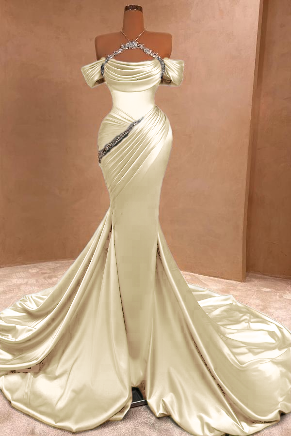 Stunning Ruched Satin Mermaid Evening Dress Off-the-Shoulder Glitter Long Prom Dress
