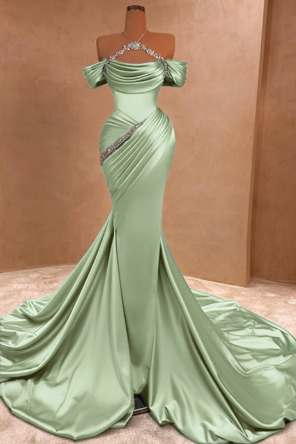 Stunning Ruched Satin Mermaid Evening Dress Off-the-Shoulder Glitter Long Prom Dress