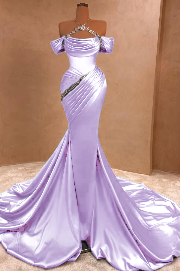 Stunning Ruched Satin Mermaid Evening Dress Off-the-Shoulder Glitter Long Prom Dress