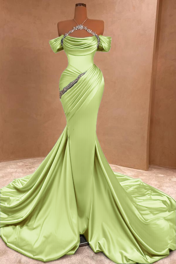 Stunning Ruched Satin Mermaid Evening Dress Off-the-Shoulder Glitter Long Prom Dress