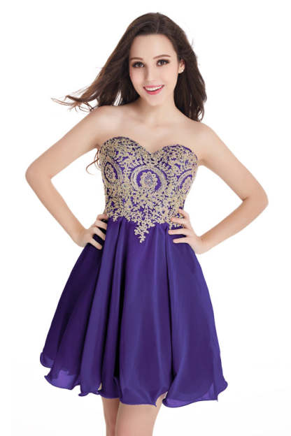 Stunning Strapless Chiffon Short Homecoming Dress Gold Appliques Mini Party Wear Dress For Girls - Regency / US 2 - Prom Dresses