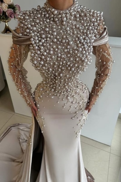 Stylish High Neck Pearls Ruffle Satin Long Prom Dresses with Sleeves