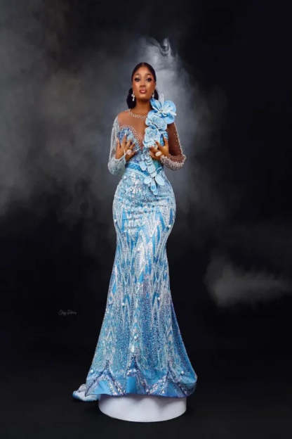 Stylish One-Shoulder Deep V-Neck Mermaid Prom Dress with Appliques