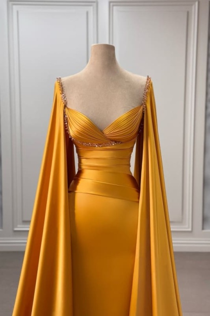 Stylish Ruched Satin Mermaid Prom Dress Long with Cape