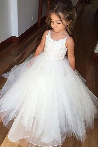 White Tulle Floral Flower Girl Dresses Sleeveless Lace Birthday Party Dresses for Little Girl