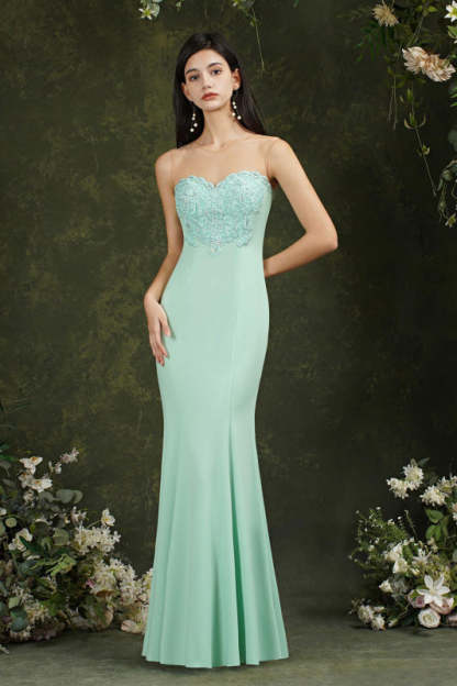 Sweetheart Mermaid Evening Dress Crew Neck Lace Appliques Trumpet Bridesmaid Dress Sleeveless - Mint / US 2 - Prom Dresses
