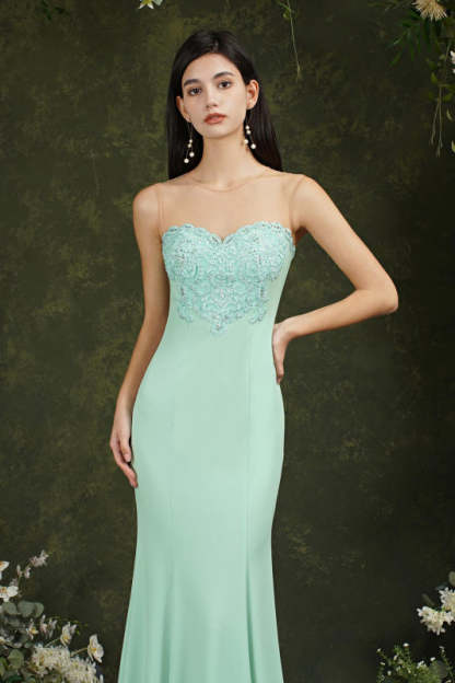 Sweetheart Mermaid Evening Dress Crew Neck Lace Appliques Trumpet Bridesmaid Dress Sleeveless - Prom Dresses