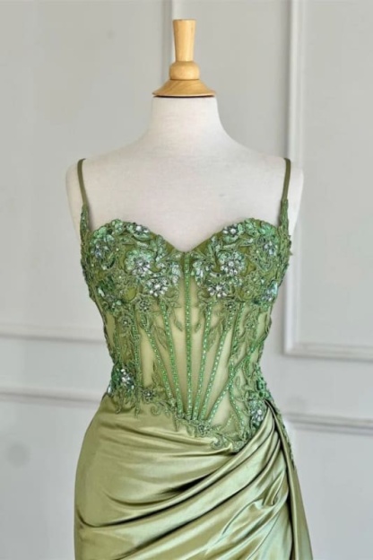 Sweetheart Ruched Satin Beadings Mermaid Prom Dress with Side Slit - Prom Dresses