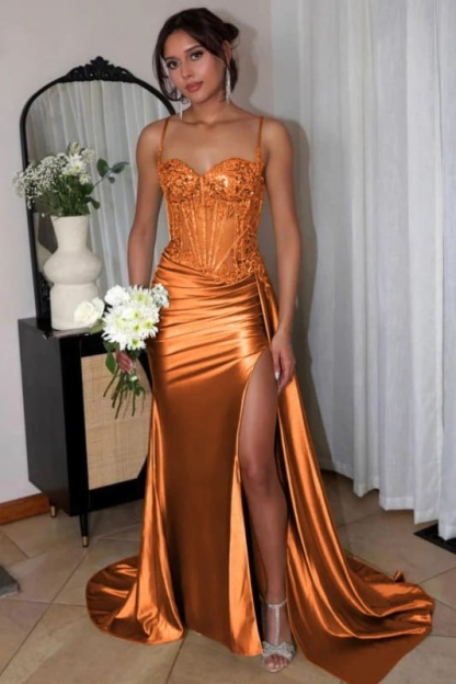 Sweetheart Ruched Satin Beadings Mermaid Prom Dress with Side Slit - Prom Dresses